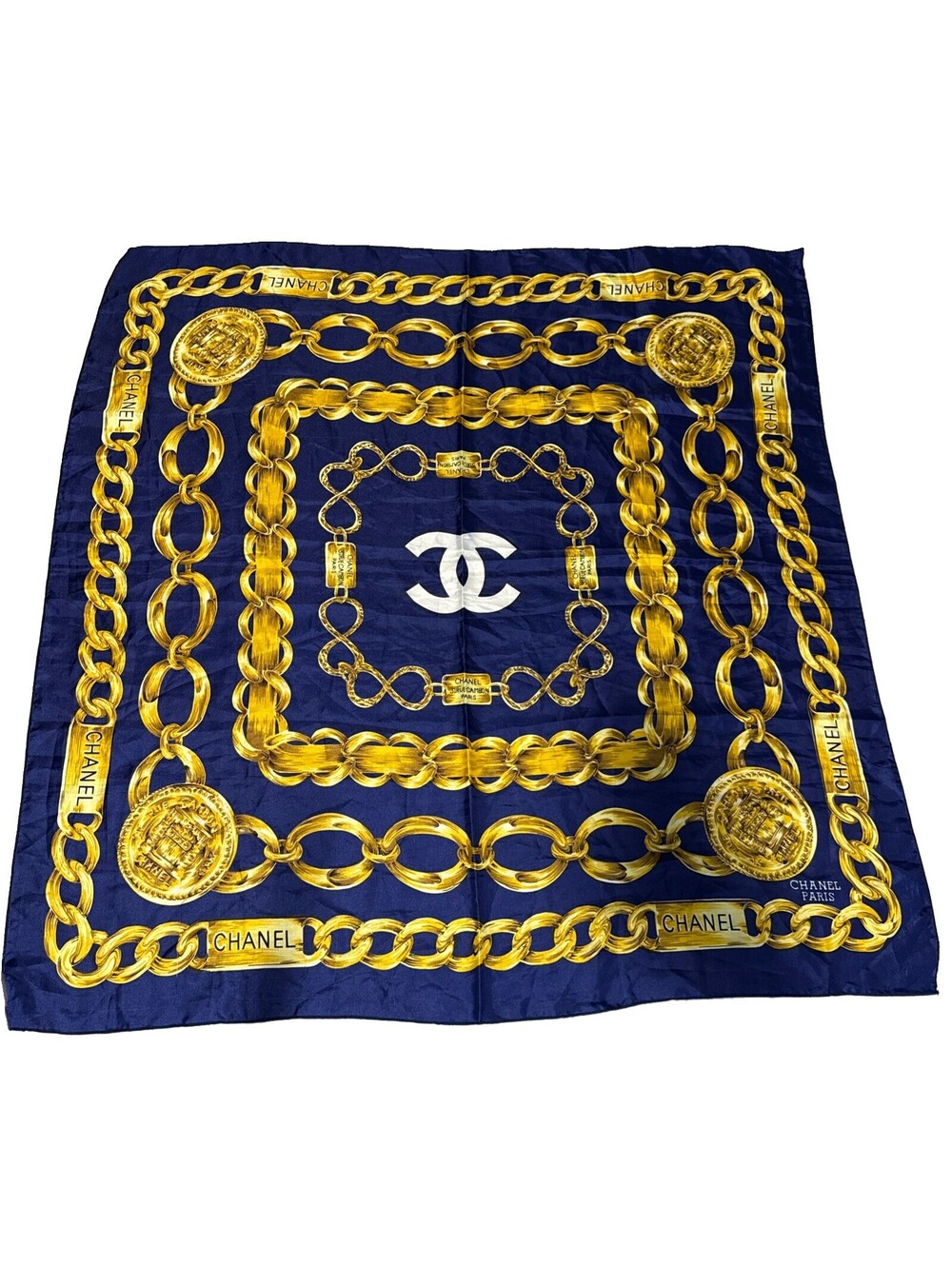 CHANEL Coco Mark Chain Silk Scarf Navy Gold Large Square Italy 34x34